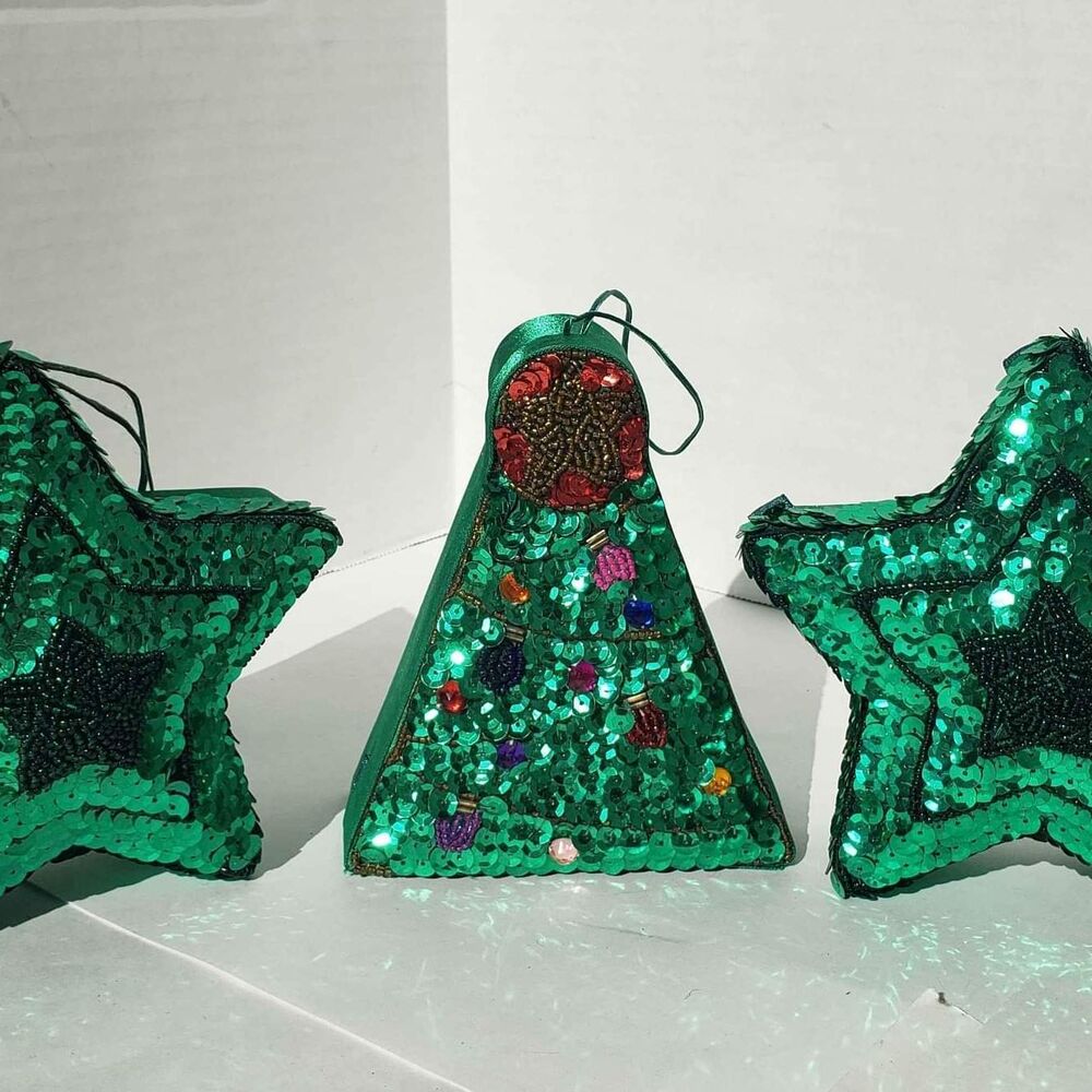 GAC 1998 Sequin and Bead Gift Box Lot Of 3 for Presents or Ornaments Tree & Star
